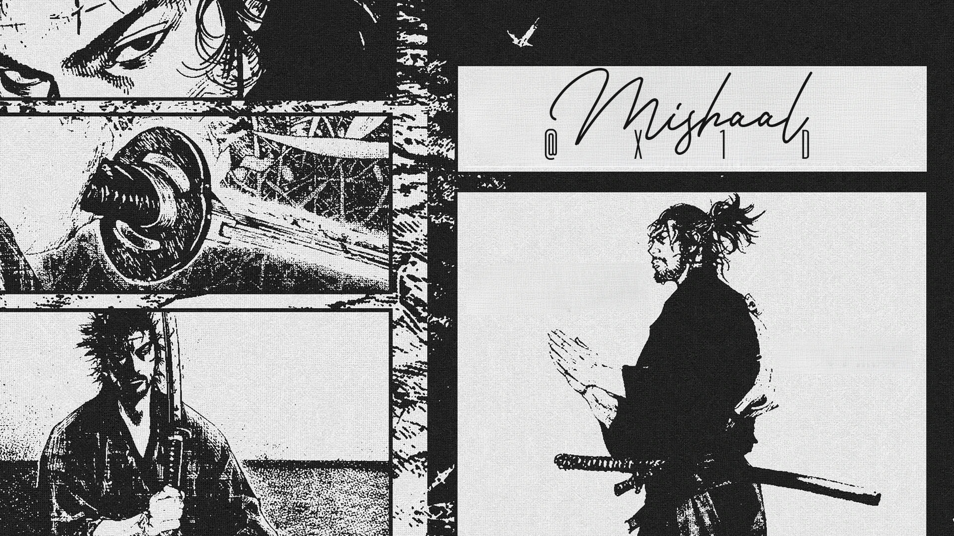 Mishaal campaign artwork composed from black-and-white manga panels and a samurai character.