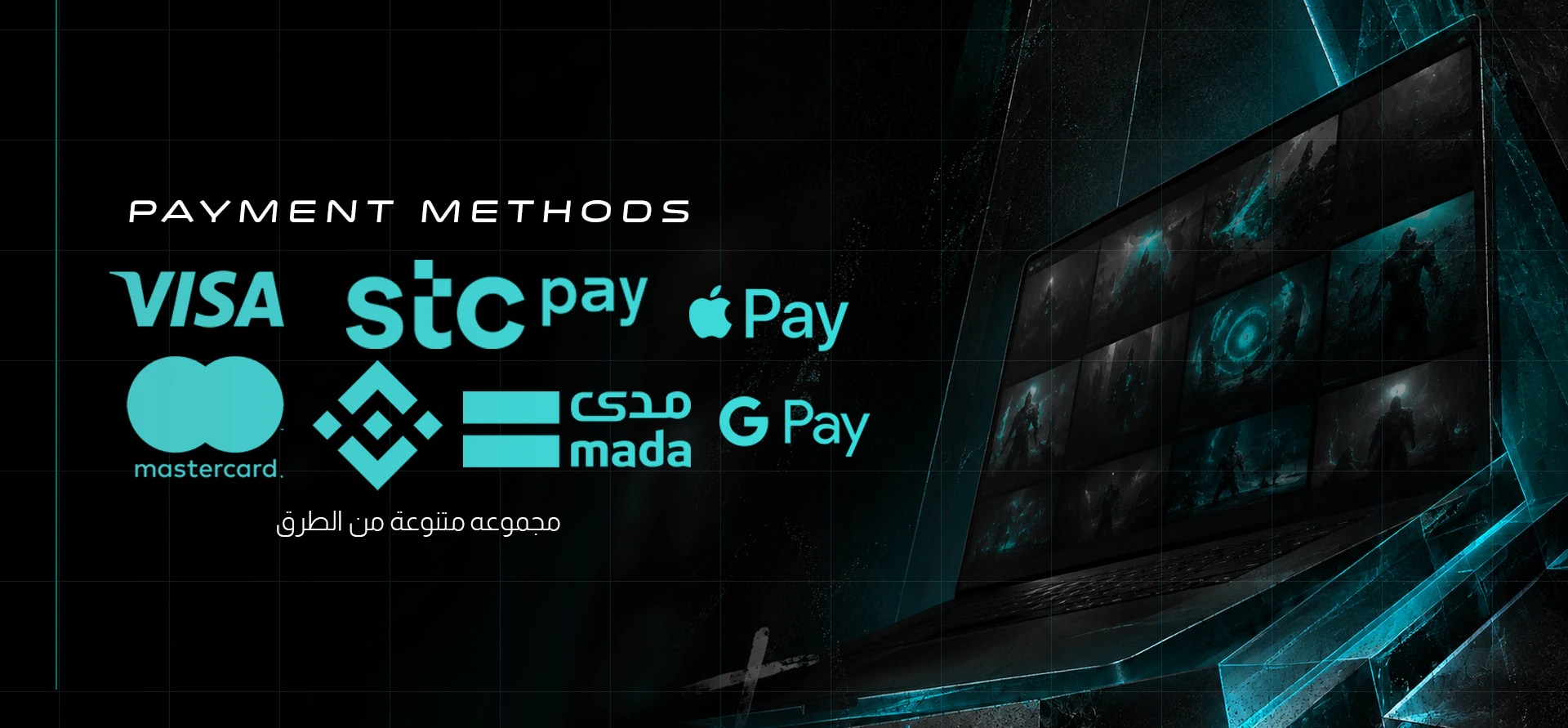 Sign Store payment methods campaign with cyan payment logos and a gaming laptop.