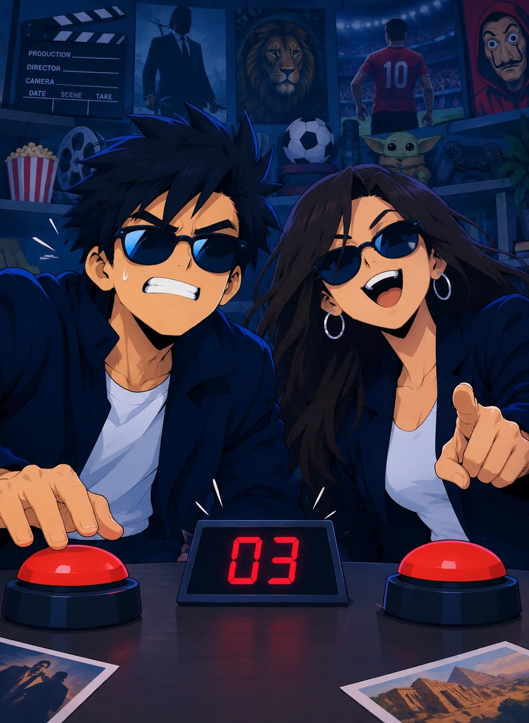 Two Fazlka players racing to hit red buzzers with a countdown at 03